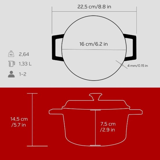 Stielkasserolle <Trendy>, Gusseisen, 16 cm, rot - LAVA