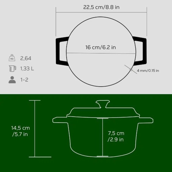 Stielkasserolle aus Gusseisen, 16 cm / 1,33 L, grün, Trendy - Lava