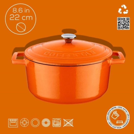 Saucepan, cast iron, 22 cm, "Folk" range, orange color - LAVA brand