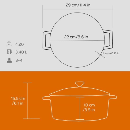 Saucepan, cast iron, 22 cm, "Folk" range, orange color - LAVA brand