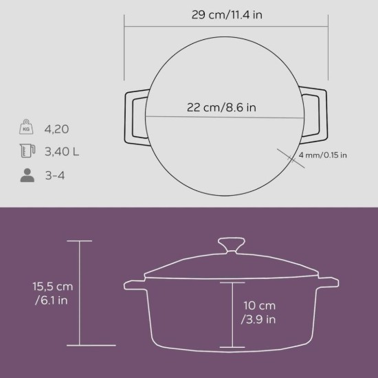 Stielkasserolle, Gusseisen, 22cm/3,4L, "Folk", Lila - LAVA