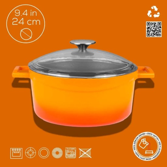 Saucepan, cast iron, 24 cm, "Glaze" range,  orange color - LAVA brand