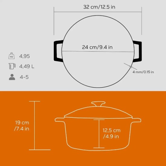 Saucepan, cast iron, 24 cm, "Glaze" range,  orange color - LAVA brand
