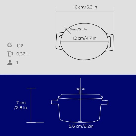 Ovaler Mini-Kochtopf, Gusseisen, 12cm/0,36L, "Trendy", Blau - LAVA