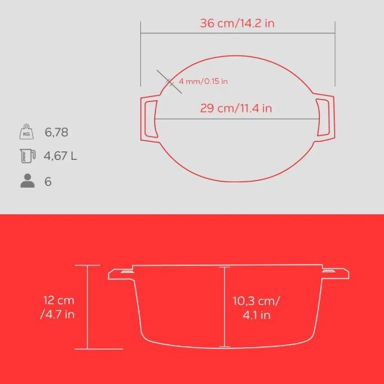 Oval saucepan, cast iron, 29 cm, "Spring" range, red - LAVA brand