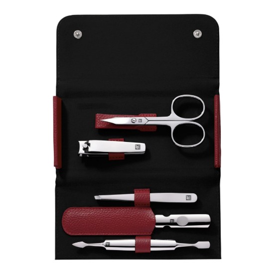 Set de manicura de 5 piezas, acero inoxidable, cartera de cuero, Rojo - Zwilling Classic Inox