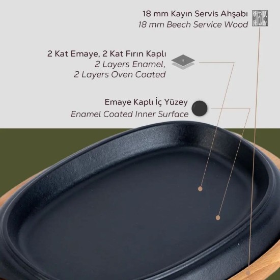 Liatinová varná doska s dreveným servírovacím podnosom, 12,5 x 19 cm - LAVA