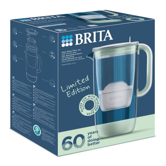 Jubilejas izdevuma 60 gadu ūdens filtrēšanas krūze, izgatavota no stikla, BRITA MAXTRA (gaiši zaļa), komplektā 1 Pure Performance filtrs