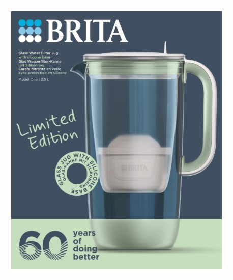 Jubilejas izdevuma 60 gadu ūdens filtrēšanas krūze, izgatavota no stikla, BRITA MAXTRA (gaiši zaļa), komplektā 1 Pure Performance filtrs