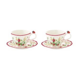 Sett ta' 2 tazzi tal-kafè bis-sottotazzi, porċellana, 120ml, "Jardin des Fraises" - Easy Life
