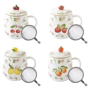 Caneca de porcelana com tampa e infusor de metal, design em relevo, 450ml, "Fancy Fruit" - Easy Life