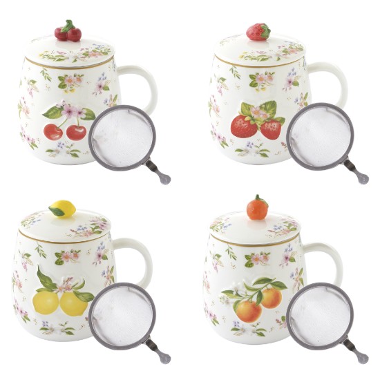 Caneca de porcelana com tampa e infusor de metal, design em relevo, 450ml, "Fancy Fruit" - Easy Life