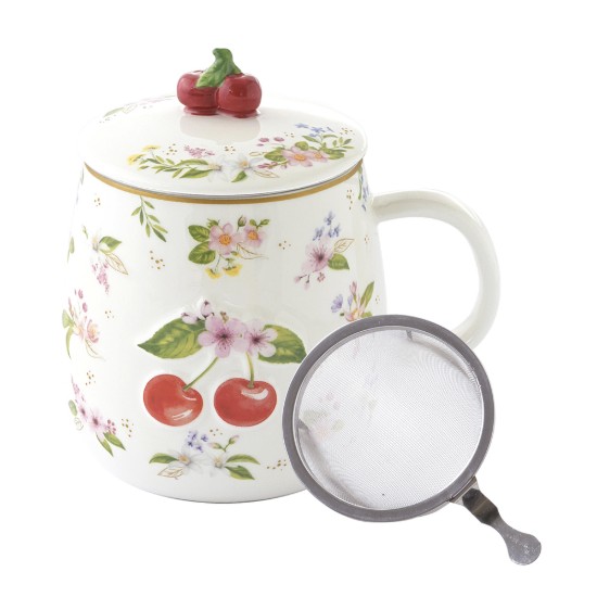 Caneca de porcelana com tampa e infusor de metal, design em relevo, 450ml, "Fancy Fruit" - Easy Life