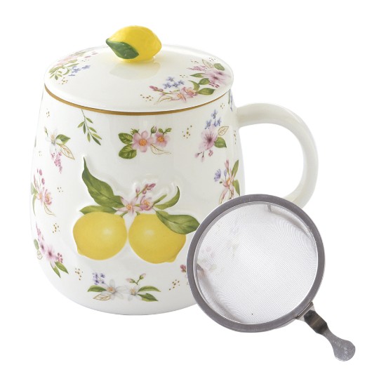 Caneca de porcelana com tampa e infusor de metal, design em relevo, 450ml, "Fancy Fruit" - Easy Life