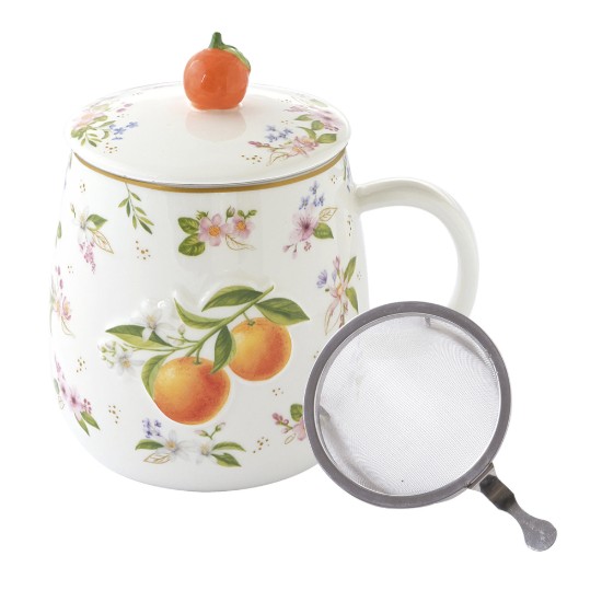 Caneca de porcelana com tampa e infusor de metal, design em relevo, 450ml, "Fancy Fruit" - Easy Life