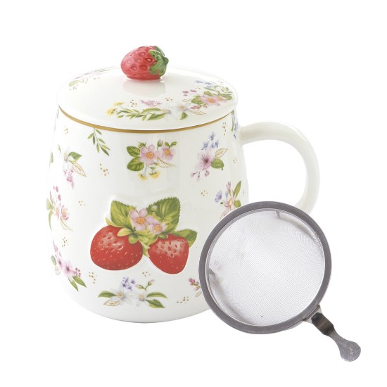 Caneca de porcelana com tampa e infusor de metal, design em relevo, 450ml, "Fancy Fruit" - Easy Life