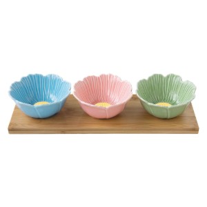 Conjunto de 3 tigelas de entrada, porcelana, com bandeja de bambu, "Daisy" - Easy Life
