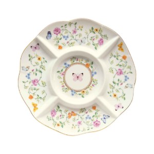 Prato para servir aperitivos, 5 compartimentos, porcelana, 25,5 cm, "Dancing Butterflies" - Easy Life