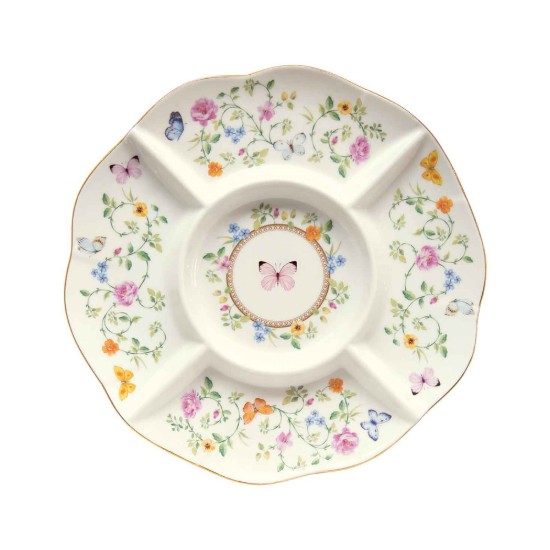 Prato para servir aperitivos, 5 compartimentos, porcelana, 25,5 cm, "Dancing Butterflies" - Easy Life