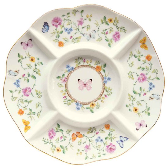 Prato para servir aperitivos, 5 compartimentos, porcelana, 25,5 cm, "Dancing Butterflies" - Easy Life