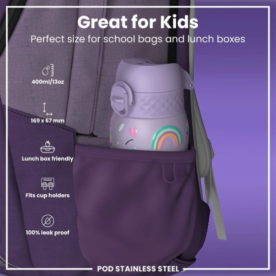 Bouteille d’eau pour enfants, acier inoxydable, 400 ml, Periwinkle, Unicorns - Ion8
