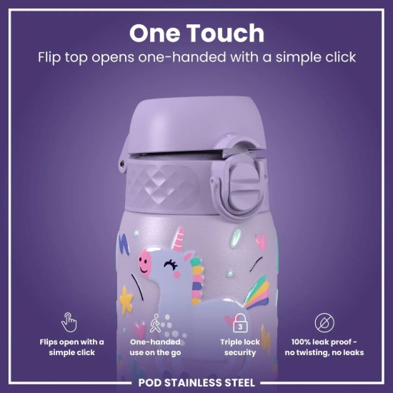 Bouteille d’eau pour enfants, acier inoxydable, 400 ml, Periwinkle, Unicorns - Ion8