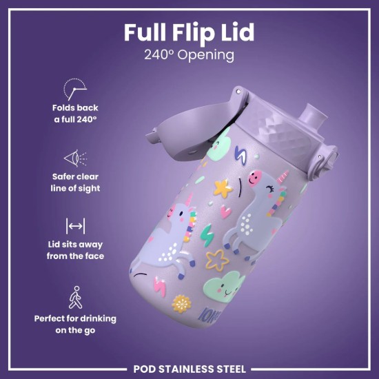 Bouteille d’eau pour enfants, acier inoxydable, 400 ml, Periwinkle, Unicorns - Ion8