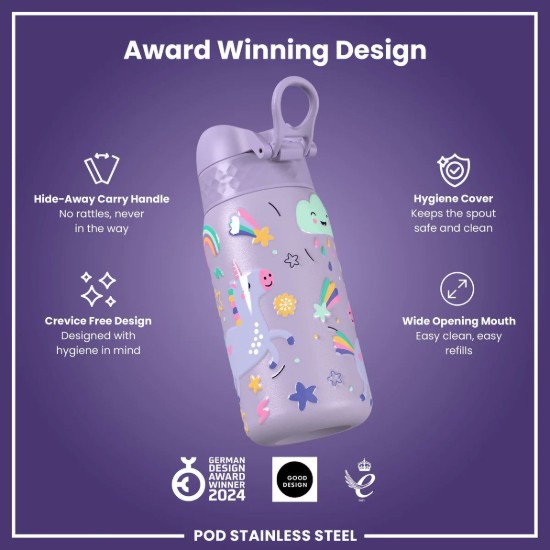 Bouteille d’eau pour enfants, acier inoxydable, 400 ml, Periwinkle, Unicorns - Ion8