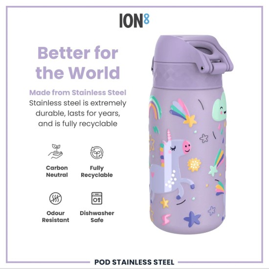 Bouteille d’eau pour enfants, acier inoxydable, 400 ml, Periwinkle, Unicorns - Ion8