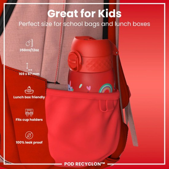 Flixkun tal-ilma għat-tfal, recyclon, 350 ml, Red Unicorns - Ion8