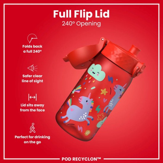 Flixkun tal-ilma għat-tfal, recyclon, 350 ml, Red Unicorns - Ion8