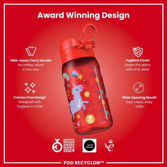 Flixkun tal-ilma għat-tfal, recyclon, 350 ml, Red Unicorns - Ion8