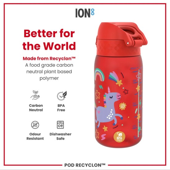 Flixkun tal-ilma għat-tfal, recyclon, 350 ml, Red Unicorns - Ion8