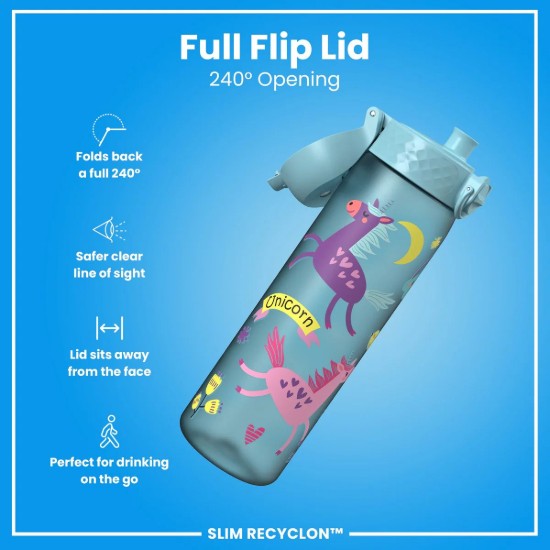 SLIM børnevandflaske, recyclon, 500 ml, Blue Unicorns - Ion8