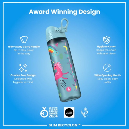 SLIM børnevandflaske, recyclon, 500 ml, Blue Unicorns - Ion8