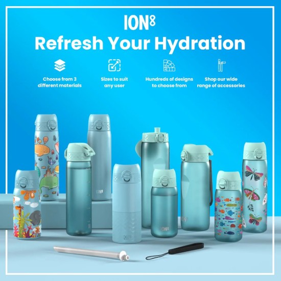 SLIM børnevandflaske, recyclon, 500 ml, Blue Unicorns - Ion8