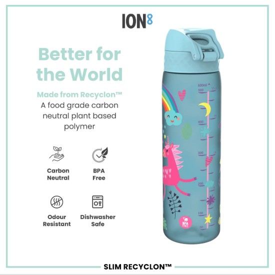SLIM børnevandflaske, recyclon, 500 ml, Blue Unicorns - Ion8