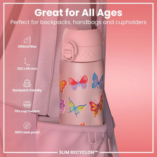 Flixkun tal-ilma SLIM għat-tfal, recyclon, 500 ml, Butterfly - Ion8