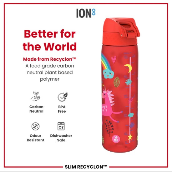 SLIM børnevandflaske, genbrug, 500 ml, Red Unicorns - Ion8