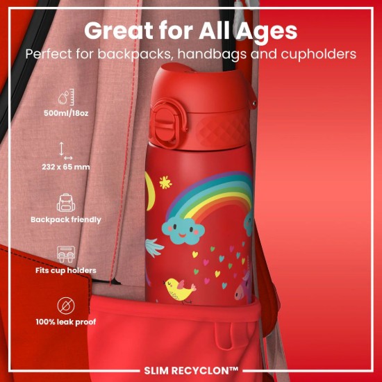 SLIM børnevandflaske, genbrug, 500 ml, Red Unicorns - Ion8