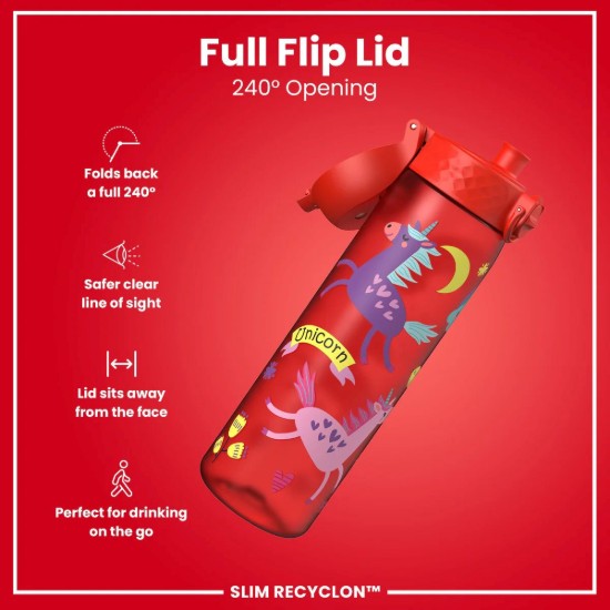 SLIM børnevandflaske, genbrug, 500 ml, Red Unicorns - Ion8