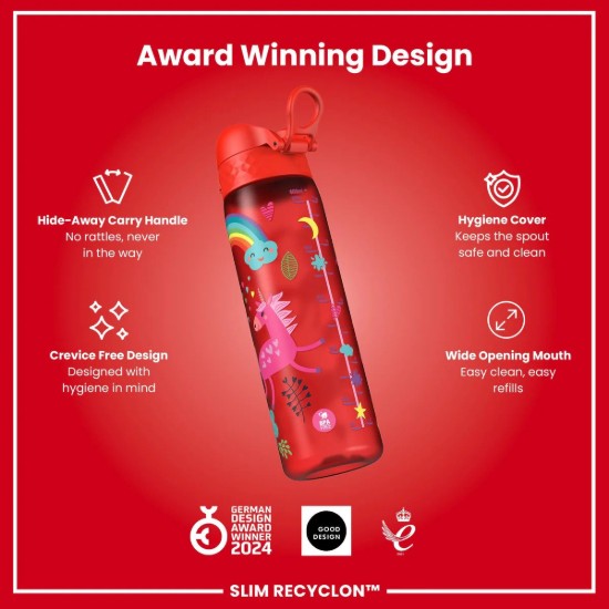 SLIM børnevandflaske, genbrug, 500 ml, Red Unicorns - Ion8