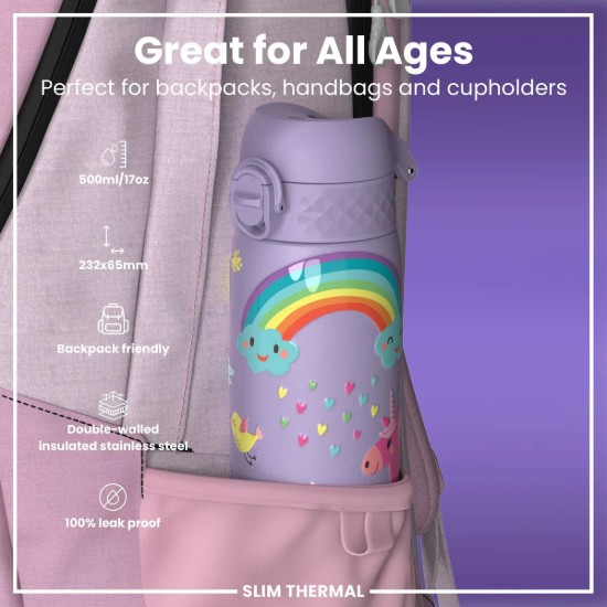 SLIM μπουκάλι νερού, ανοξείδωτο ατσάλι, 500 ml, Unicorns Periwinkle - Ion8