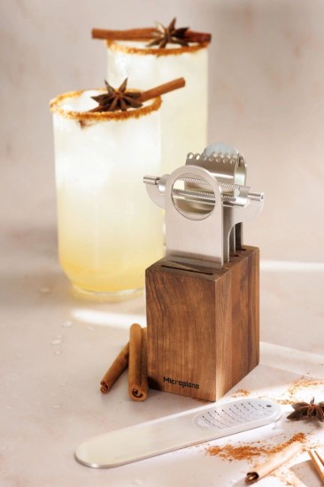 5 parçalı paslanmaz çelik bar gereçleri seti, ahşap bloklu, "Style Line", Walnut - Microplane