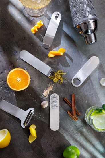 5 parçalı paslanmaz çelik bar gereçleri seti, ahşap bloklu, "Style Line", Walnut - Microplane