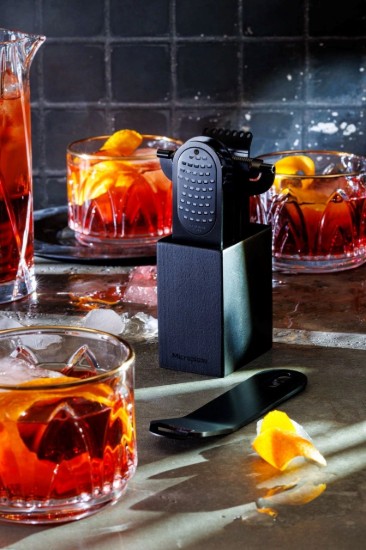 5 parçalı PVD kaplamalı paslanmaz çelik bar gereçleri seti, ahşap bloklu, "Style Line", Black - Microplane