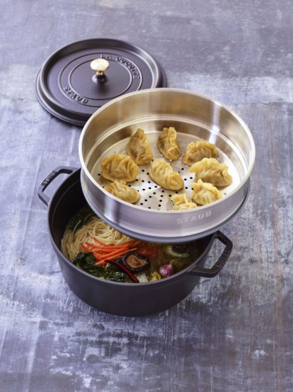 Olla Cocotte de hierro fundido, con accesorio de cocción al vapor, 26 cm/5.2L, Black - Staub