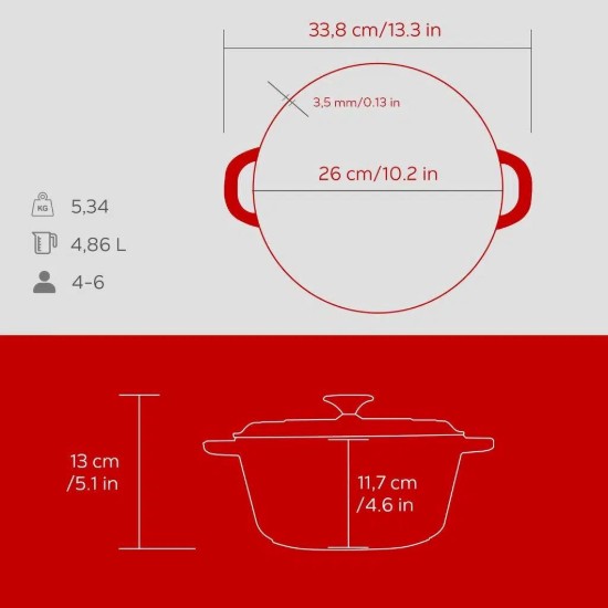Cast iron saucepan, 26cm/4.86 L, "New Heritage", Red - LAVA
