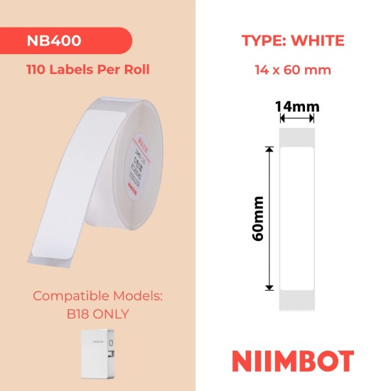 Label sticker roll N1, 14x60mm, 110 pcs/roll, White - NIIMBOT