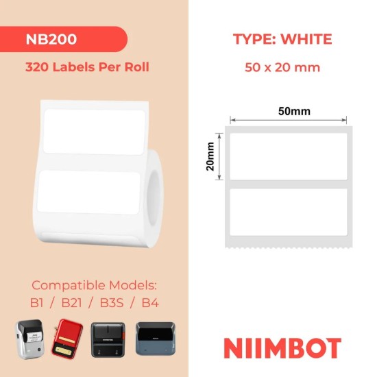 Roll of self-adhesive thermal labels, 50 x 20 mm, 320 pcs/roll, White - NIIMBOT